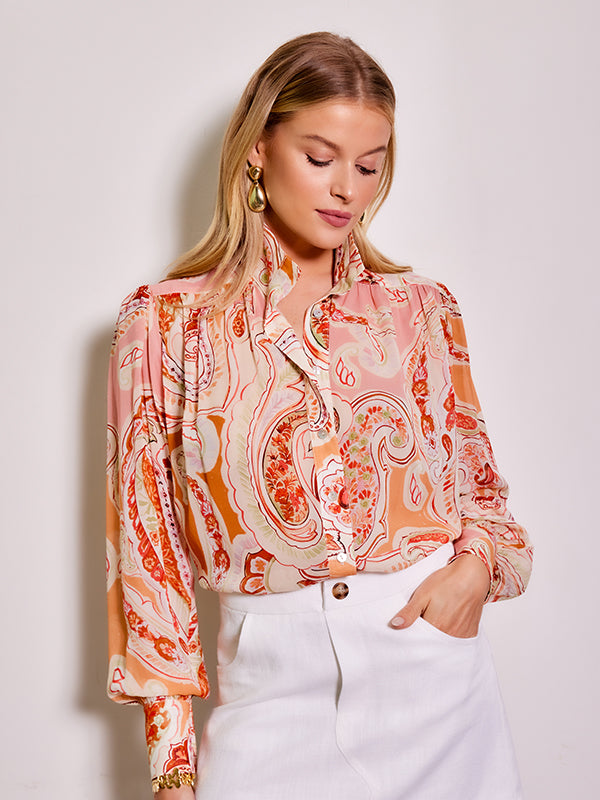 Shirred Button-Up Blouse