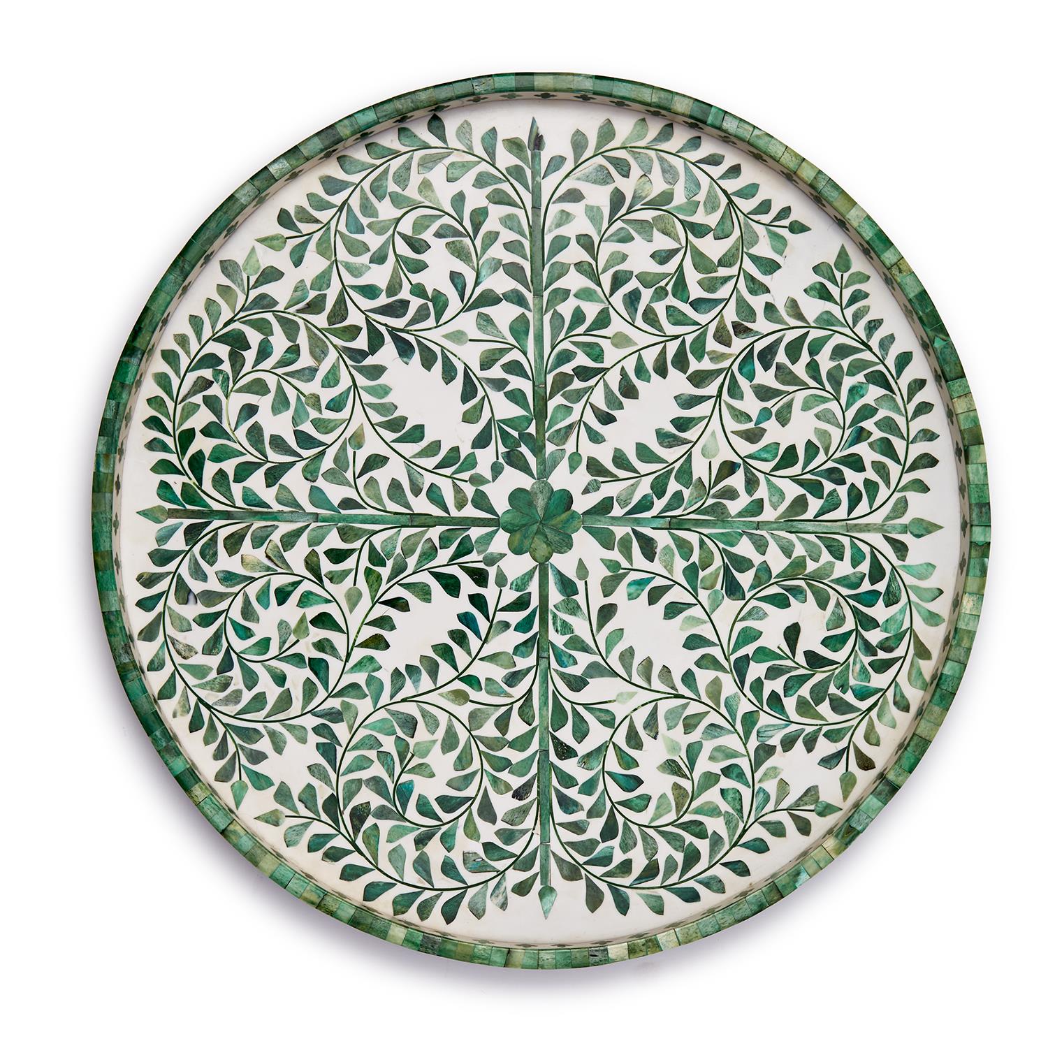 Jaipur Palace Green/White Inlaid Decorative Round Serving Tray