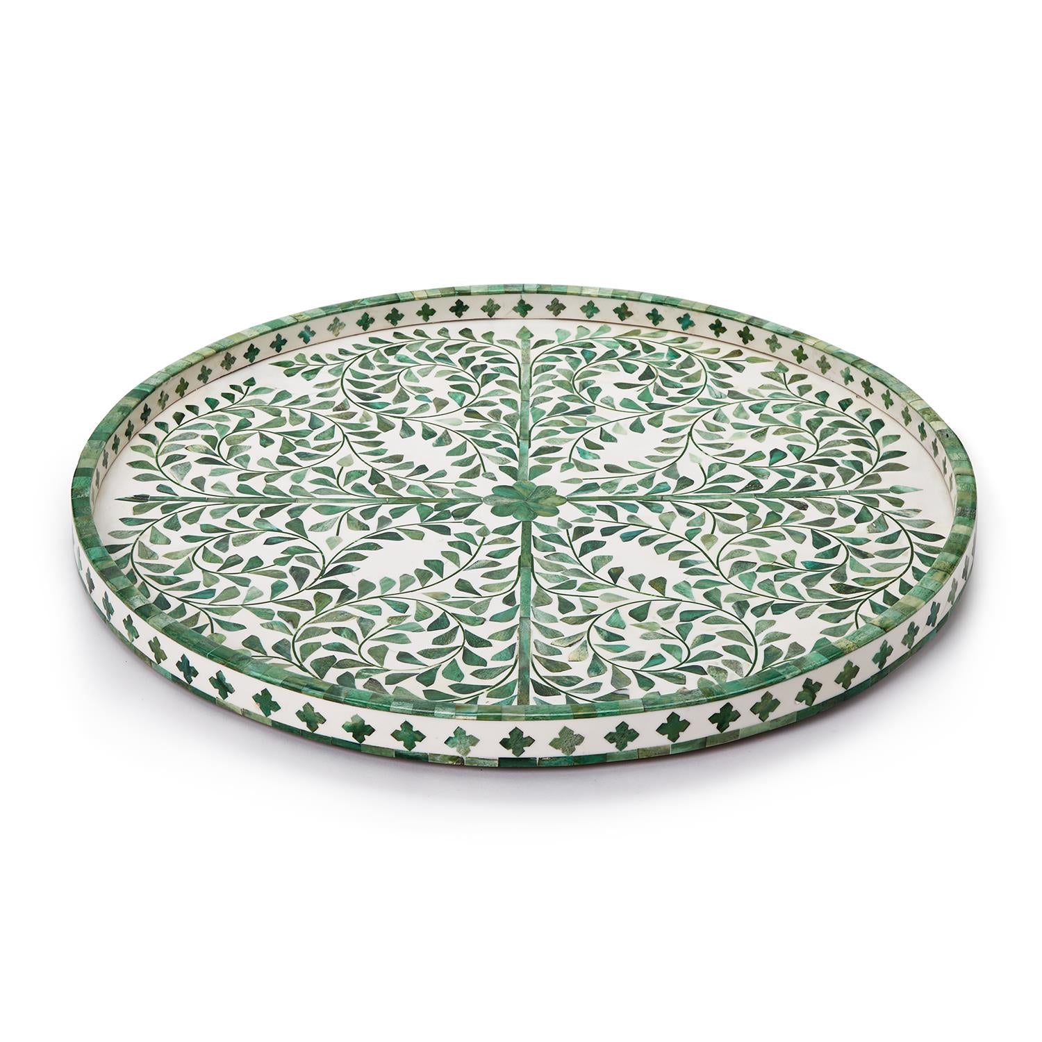 Jaipur Palace Green/White Inlaid Decorative Round Serving Tray