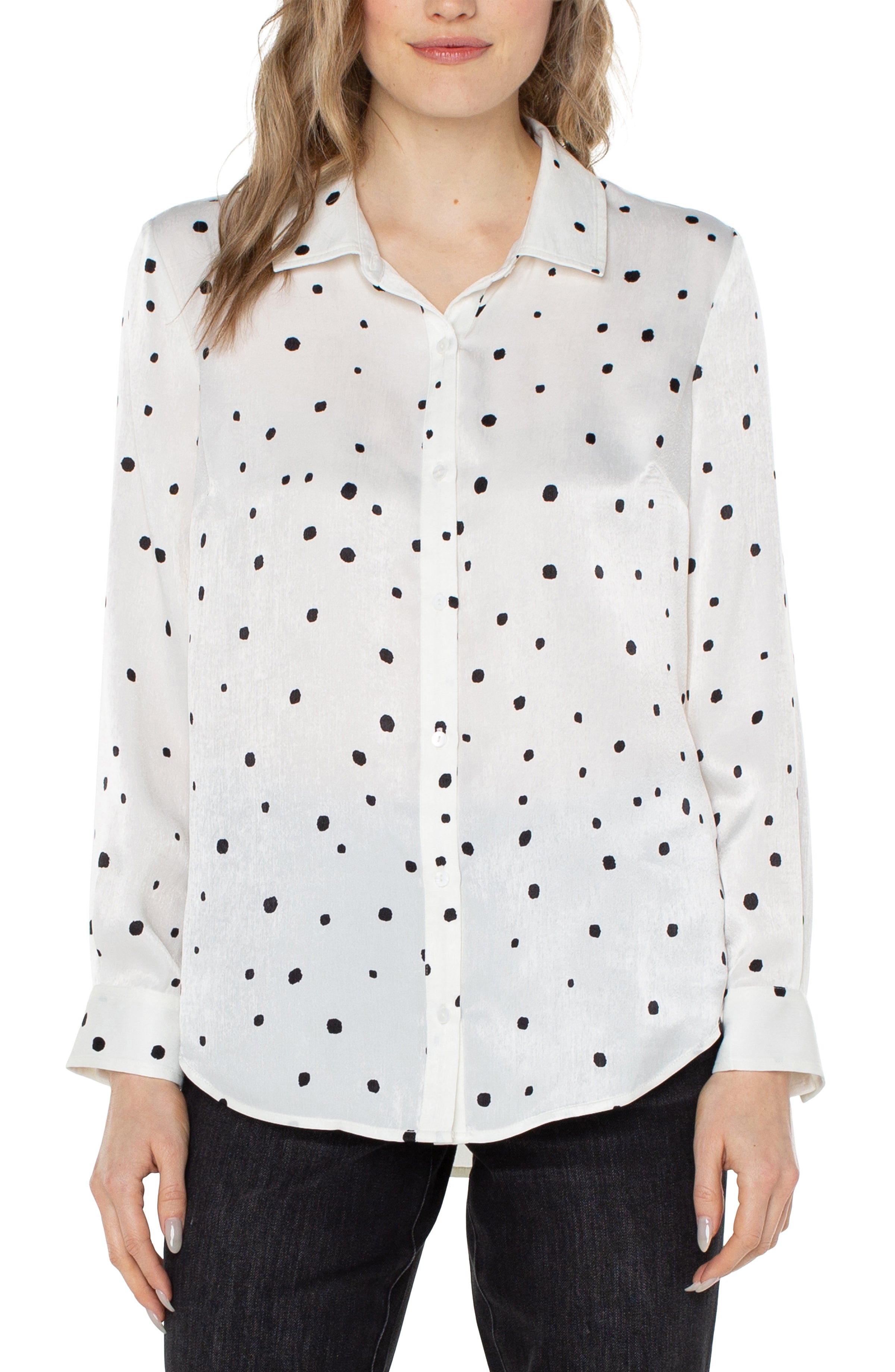All Over Dot Button Front Woven Blouse