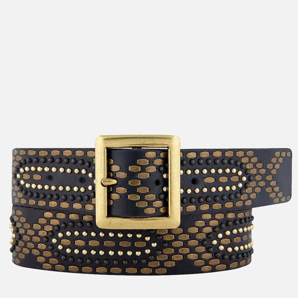 Black Studded Leather Belt with Square Buckle